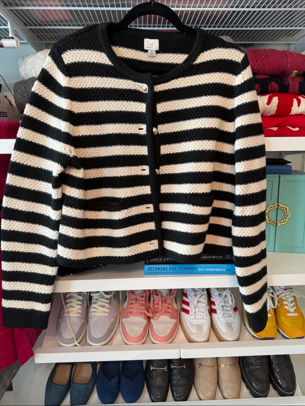 a new day Black and Cream Striped Knit Cardigan with Gold Button